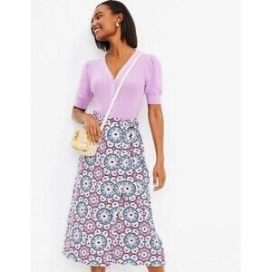 LOFT Mosaic Midi Wrap Skirt Linen Blend Purple Blue Medallion Size 4 Boho